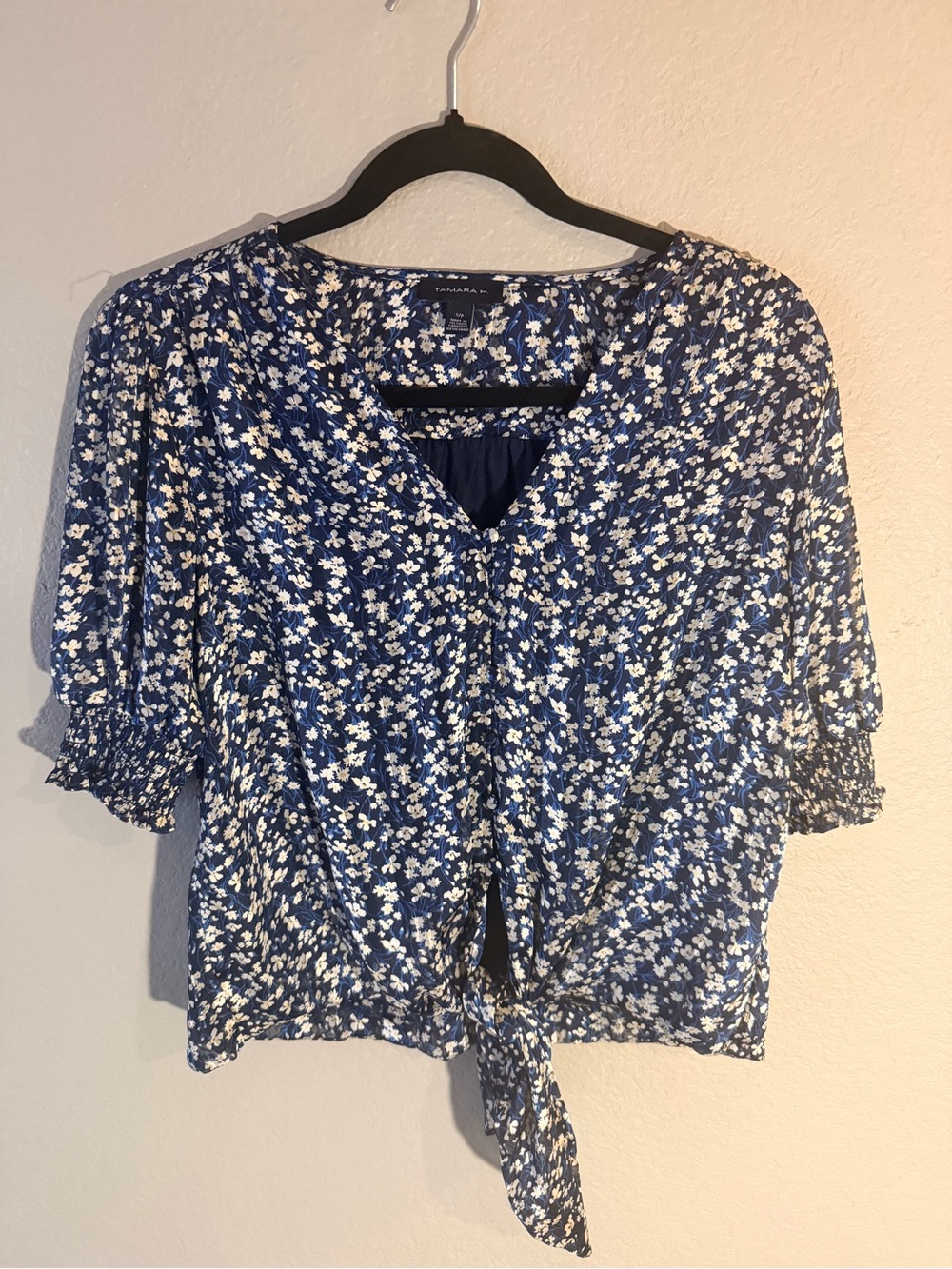Tahari Blue Floral Tie-Front Blouse